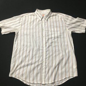 Vintage Anchor Blue Mens Button Down Shirt Large Brown Cream Striped Collared